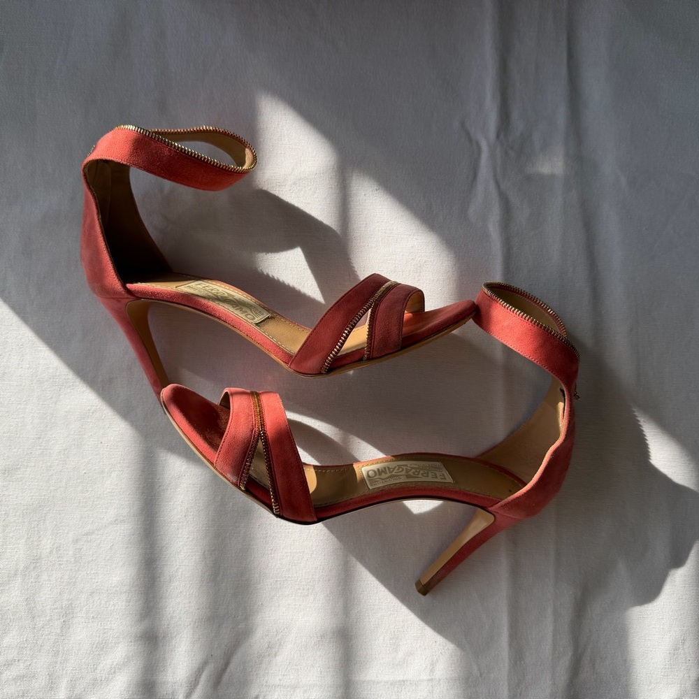 Salvatore Ferragamo Coral Pink Suede Women's Sandal Heels
